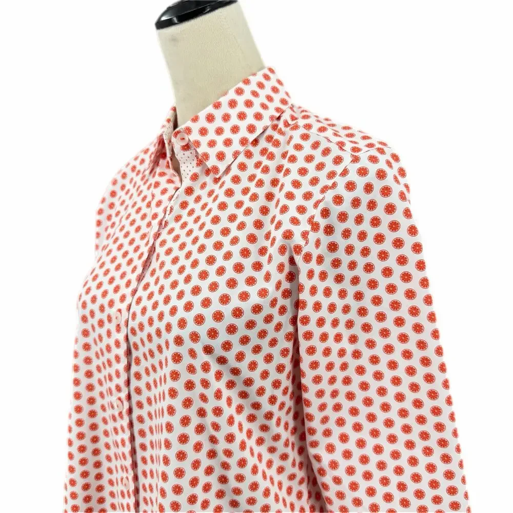 Foxcroft White Orange Citrus Structured Collared Button Up Preppy Blouse Top